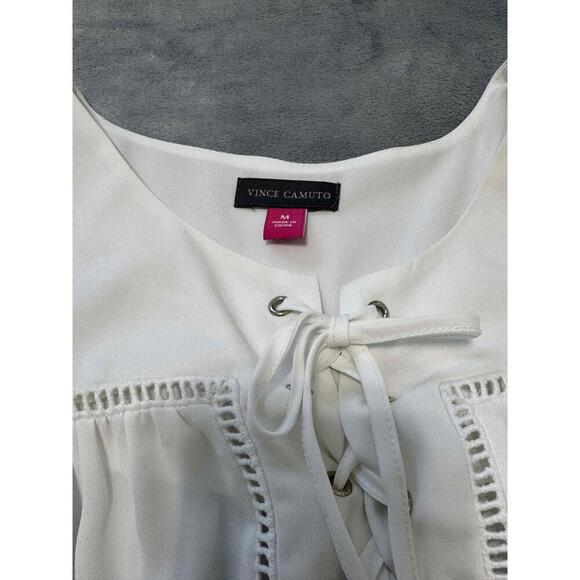 White Long Sleeves Lace Up Front Peasant Blouse Feminine Relaxed Fit Womens M - Picture 3 of 7